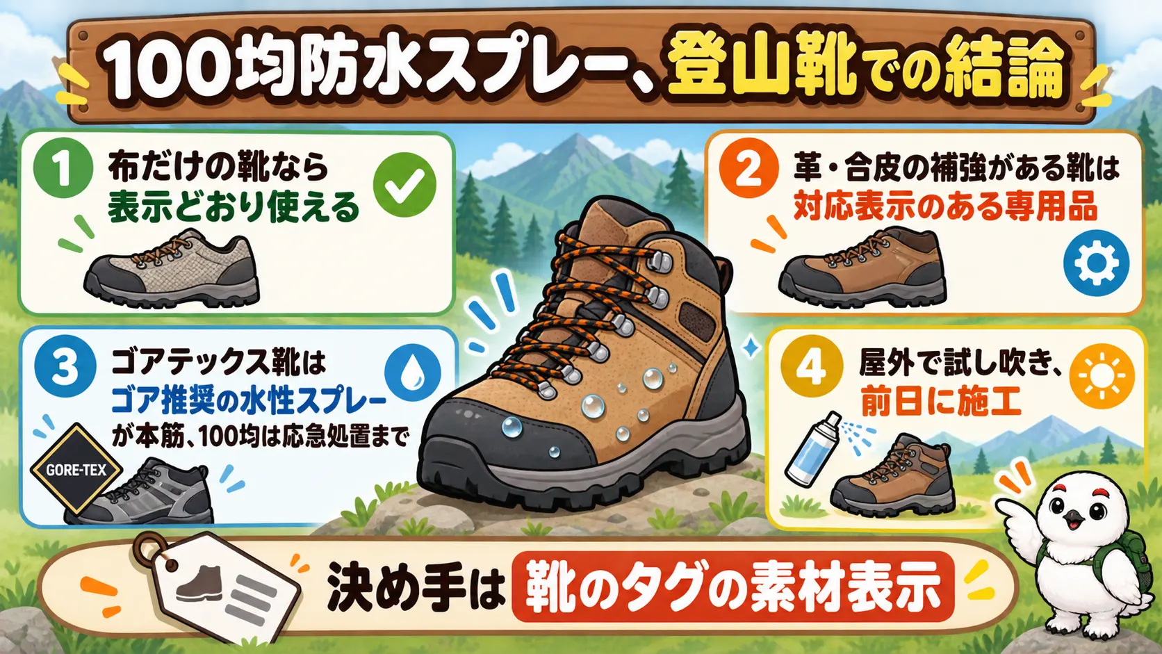 100均防水スプレーが使える靴と使えない靴、選び方、コスパ、使い方の要点を一枚に整理した図