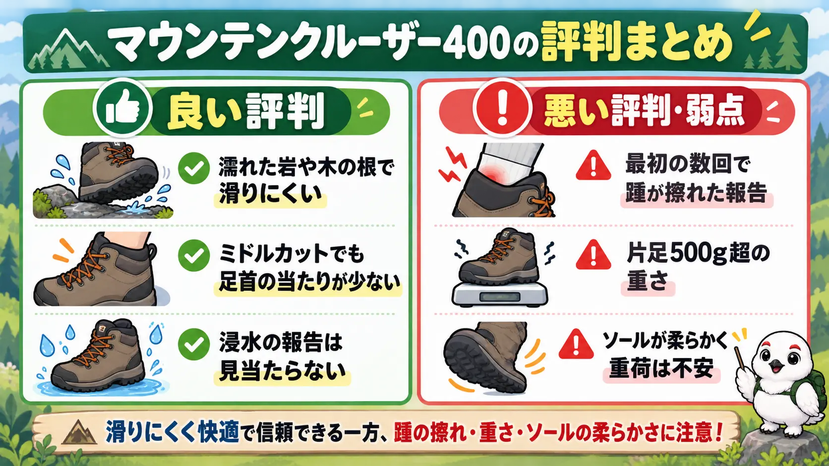マウンテンクルーザー400の口コミを、滑りにくさや足首の楽さといった良い評判と、踵擦れや重さといった弱点に左右で整理した図