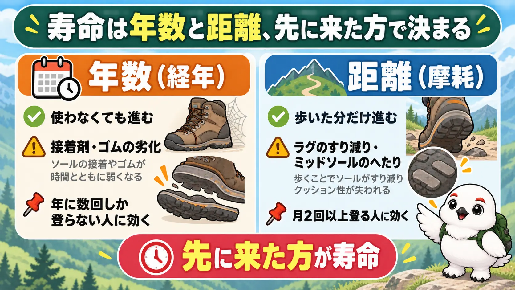登山靴の寿命を経年と歩行距離の2つの軸で比べ、先に限界が来た方で判断することを示す対比図
