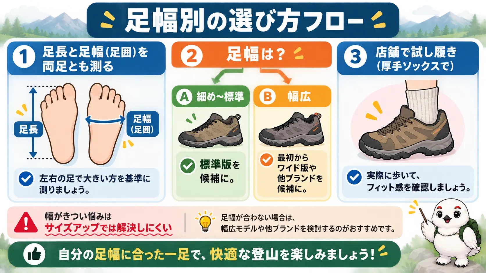 足長と足幅を測ってから、細め〜標準なら標準版、幅広ならワイド版や他ブランドを候補にする選び方の流れ