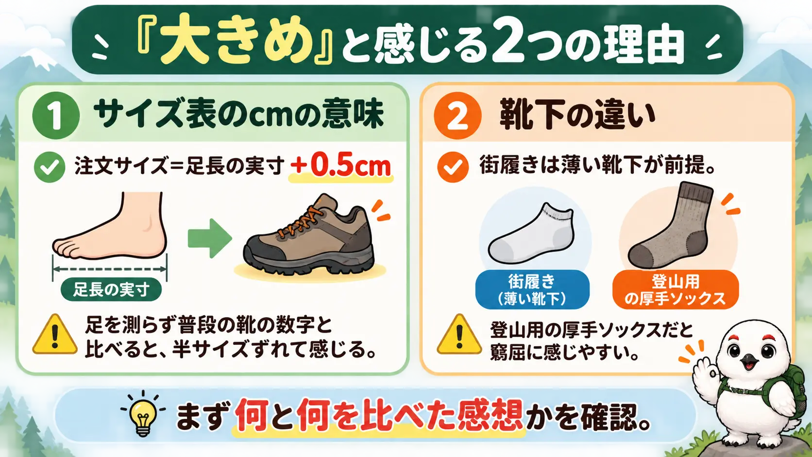 サロモンの注文サイズが足長の実寸に0.5cmを足した値であることと、厚手の登山用ソックスで街履きより窮屈に感じることを対比した図