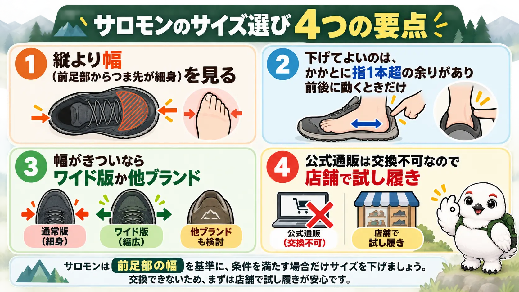 サロモン登山靴のサイズ選びで、縦ではなく幅を見て、安易にサイズを下げず、迷ったら大きい方を選び、店舗で試し履きするという要点の一覧