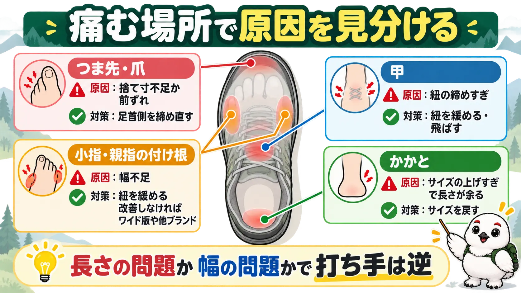 登山靴で痛む部位ごとの原因の見分け方。小指や親指の付け根は幅、つま先や爪は長さや前ずれ、かかとは大きすぎ、甲は紐の締めすぎ