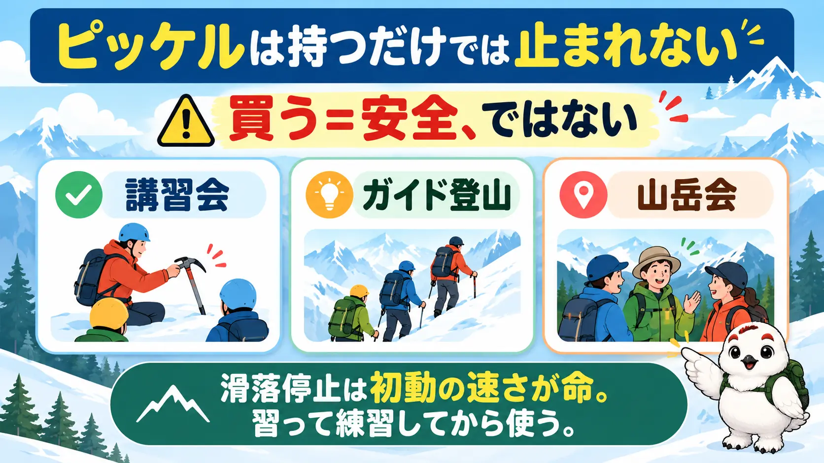 ピッケルは買うだけでは足りず、講習会・ガイド登山・山岳会で滑落停止を習う必要があることを示す図