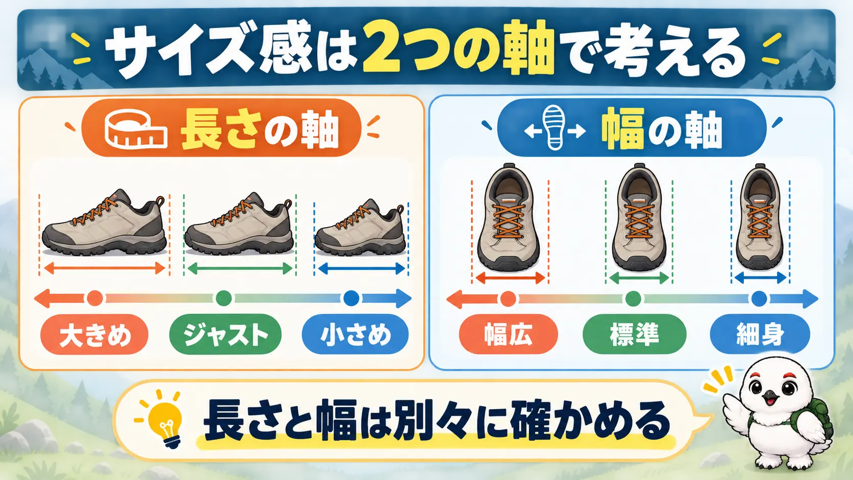 登山靴のサイズ感を、長さと幅という2つの軸に分けて、それぞれ3段階で捉える対比図