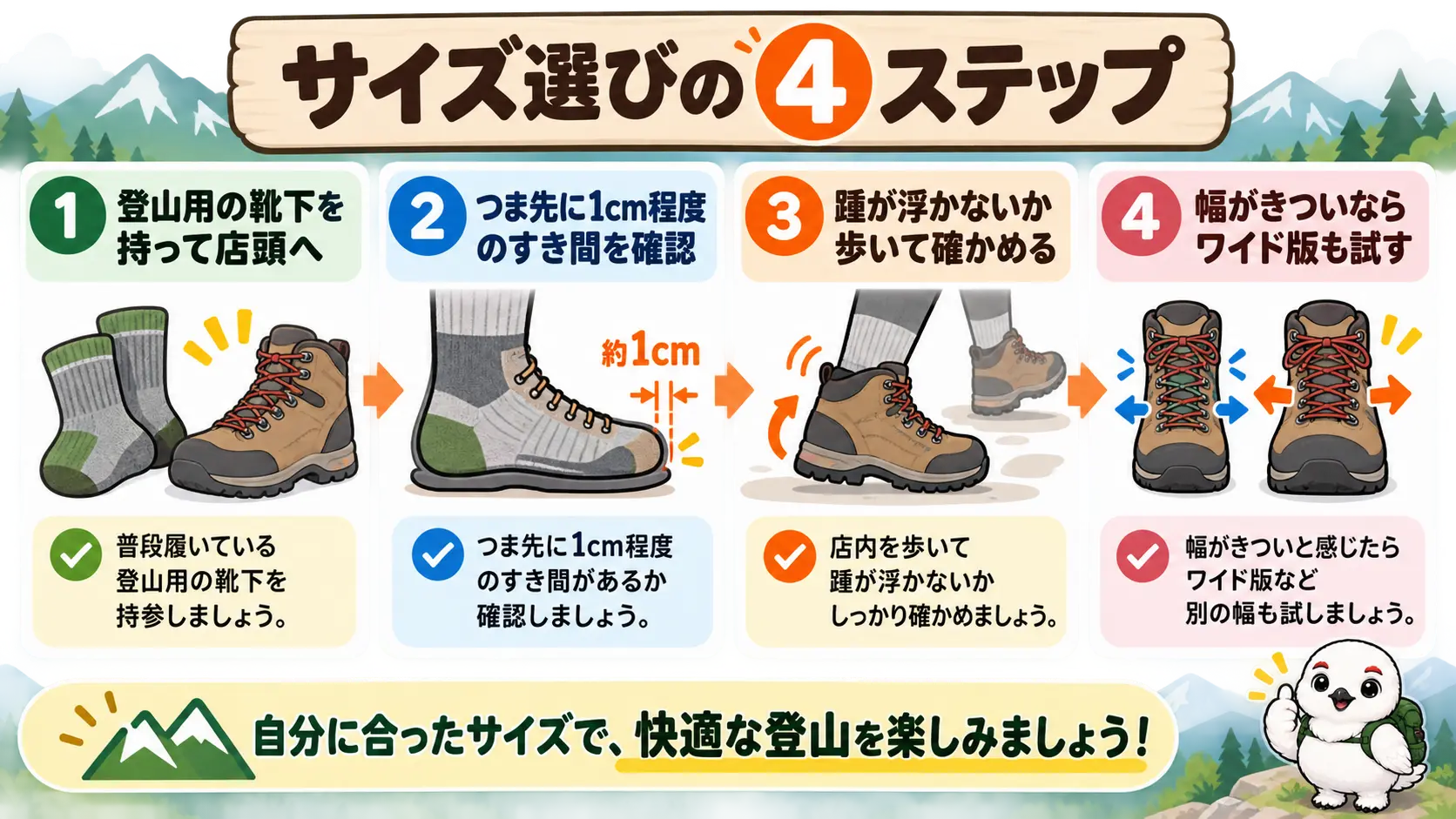 登山用の靴下で試し履きし、つま先のすき間を確認し、踵のフィットを確かめるサイズ選びの流れ