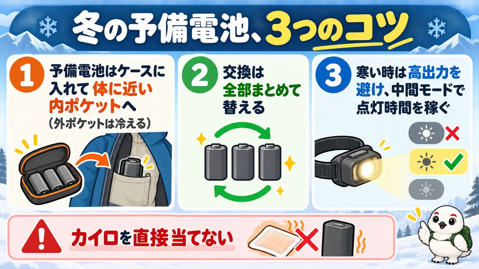予備電池をケースに入れて体に近い内ポケットで保温し、交換は全部まとめて行うコツをまとめた図