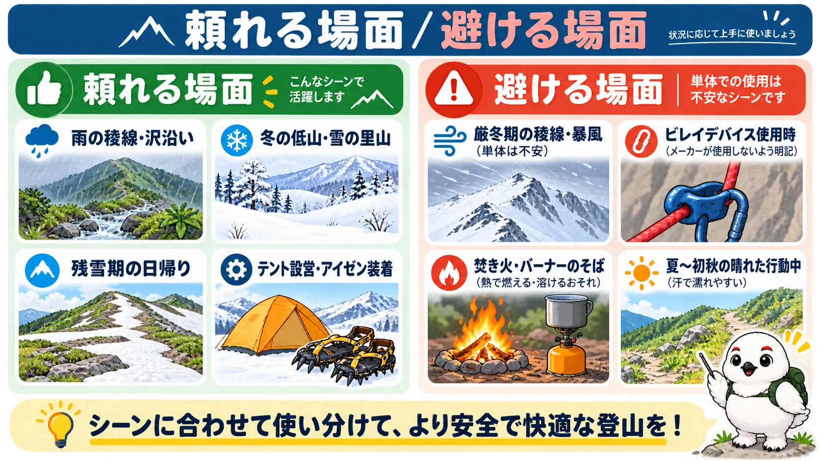 雨の稜線や冬の低山では頼れ、厳冬期の稜線・ビレイ・火のそばでは避けるべき場面の対比図