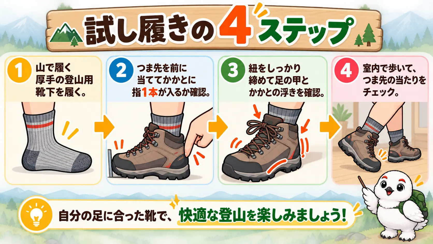 山で履く厚手靴下で試し履きし、つま先の余裕とかかとの指1本を確認する手順を4ステップで示した図