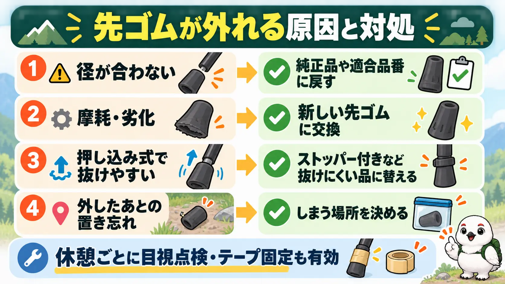 先ゴムが外れる原因である径の不一致、摩耗、押し込み式の構造、置き忘れと、それぞれの対処を対応させた図