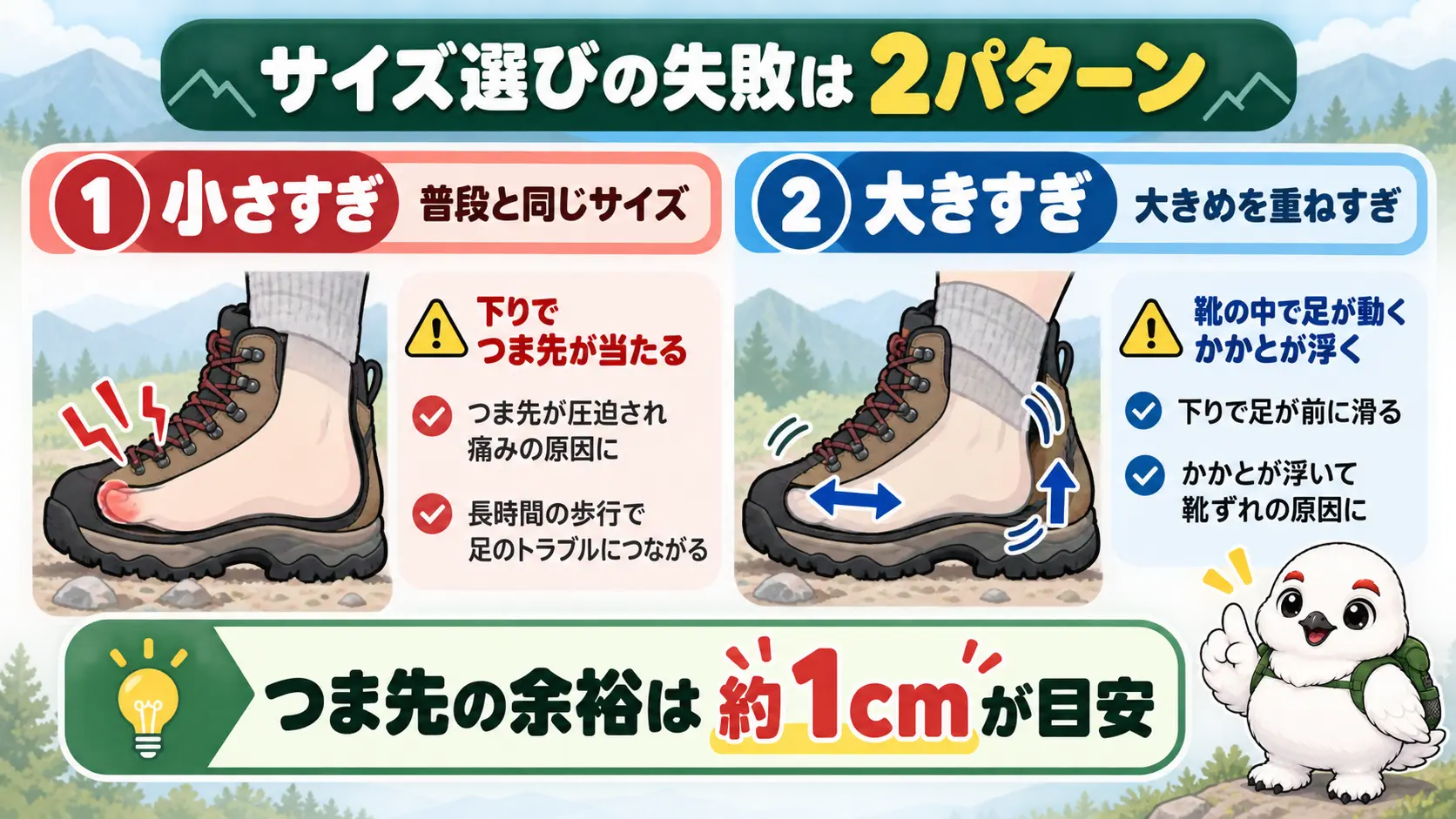 普段と同じサイズだと下りでつま先が当たり、大きすぎると靴の中で足が動く2つの失敗パターンの対比