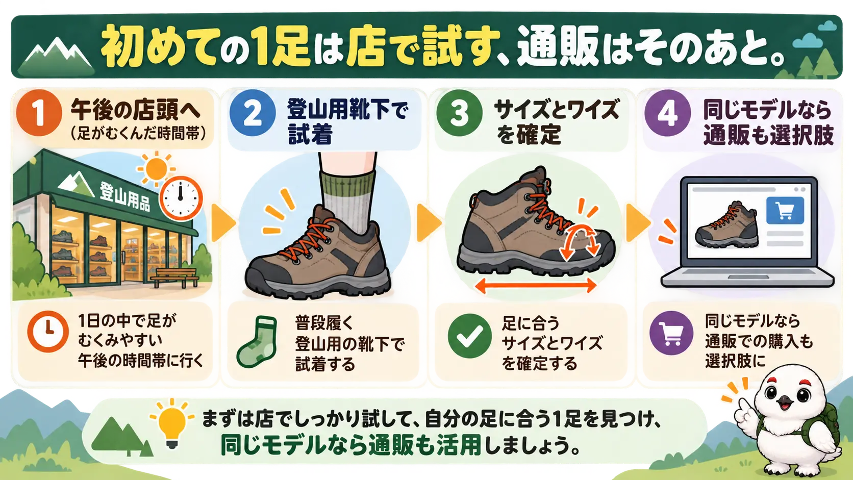 初めての1足は店頭でサイズと幅を確定してから、同じモデルを通販で買う流れ