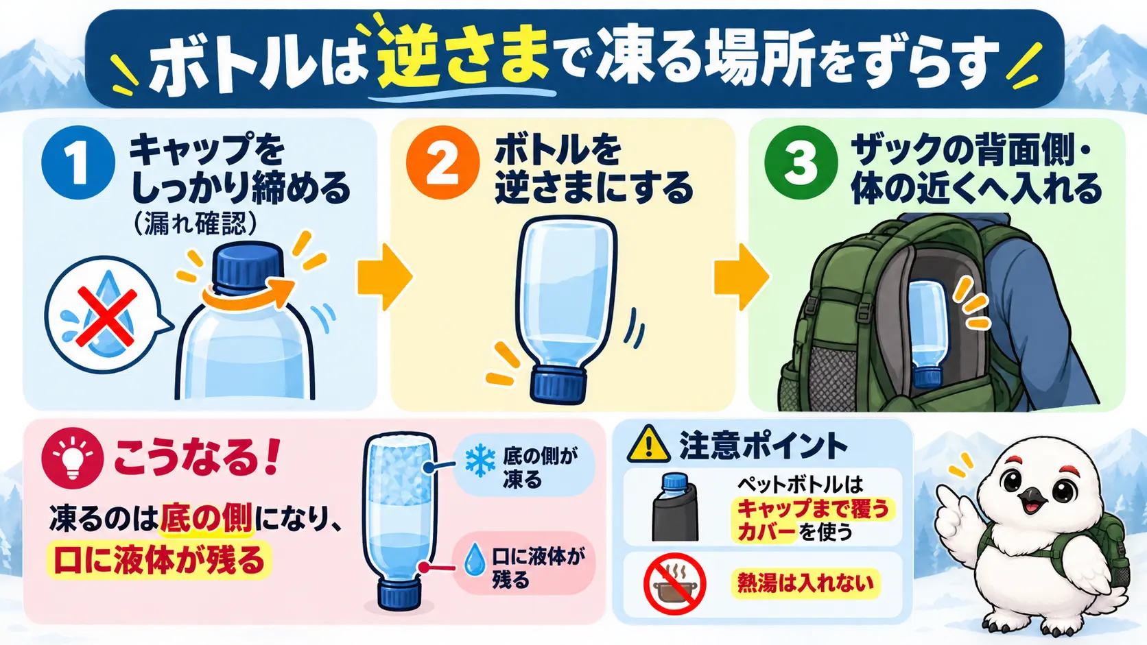キャップを締めてボトルを逆さまにし、ザックの背面側に入れる手順を示す3ステップ図