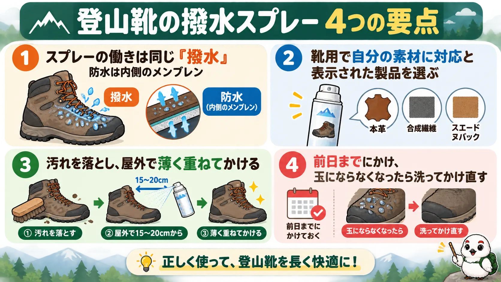 撥水と防水の違い、素材に合う製品選び、かけ方、前日までにかけるタイミングの4つの要点を俯瞰した図