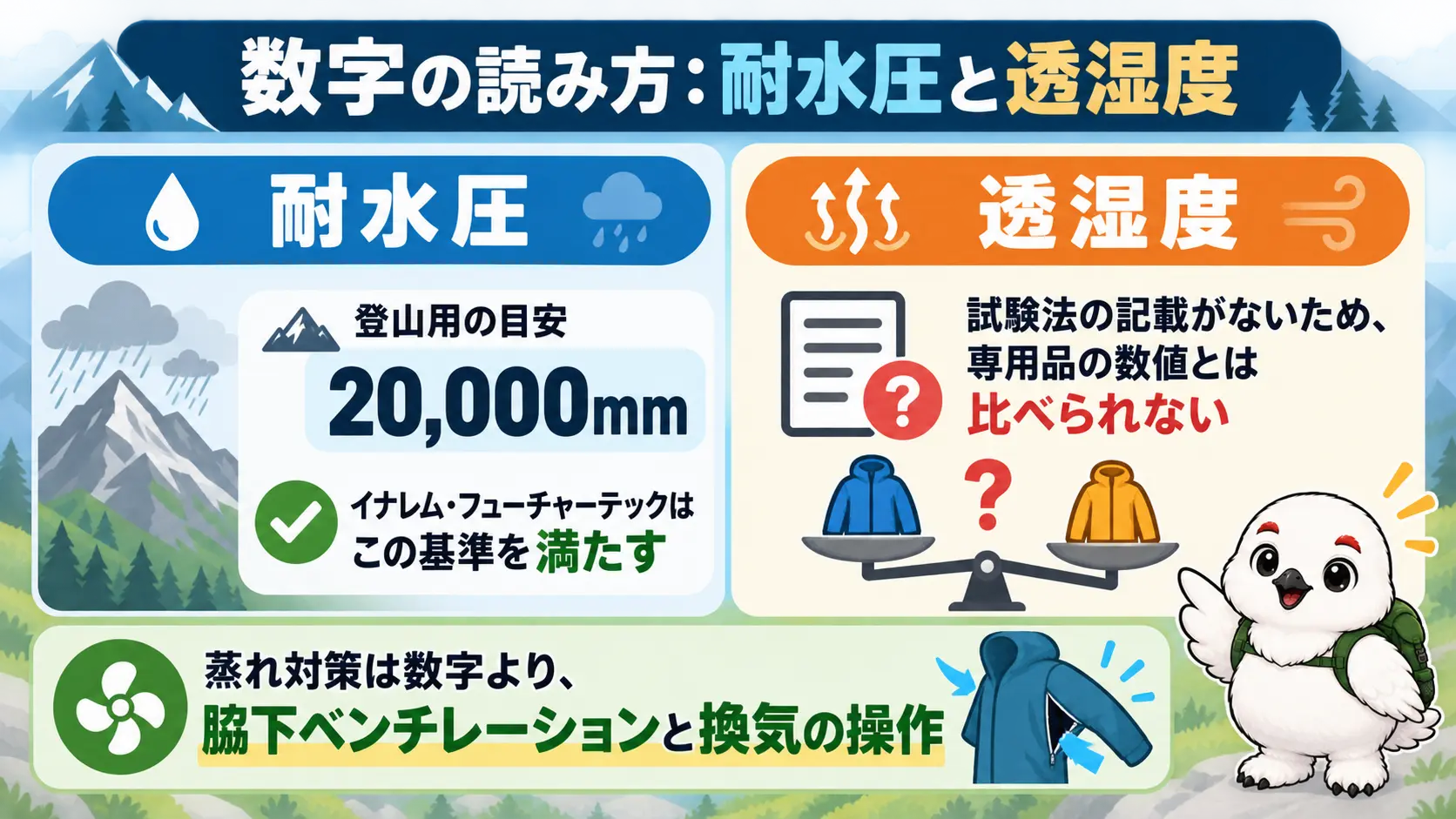 耐水圧は登山用の目安20,000mmを満たす一方、透湿度は試験法の記載がなく専用品の数値とは比べられないことの対比