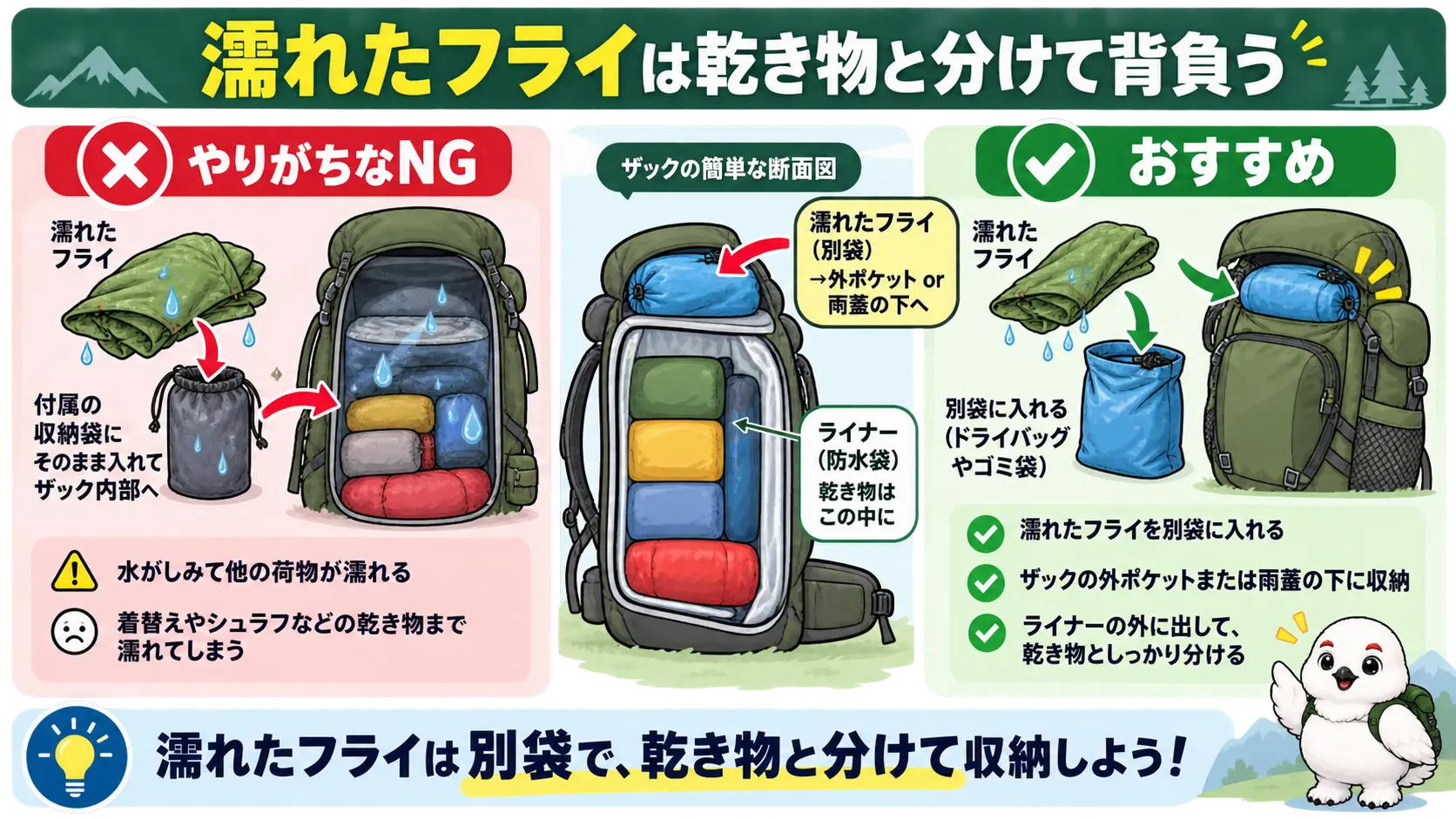 濡れたフライを別袋に入れて外ポケットや雨蓋の下に収め、乾いた装備と分けるザックの収納イメージ