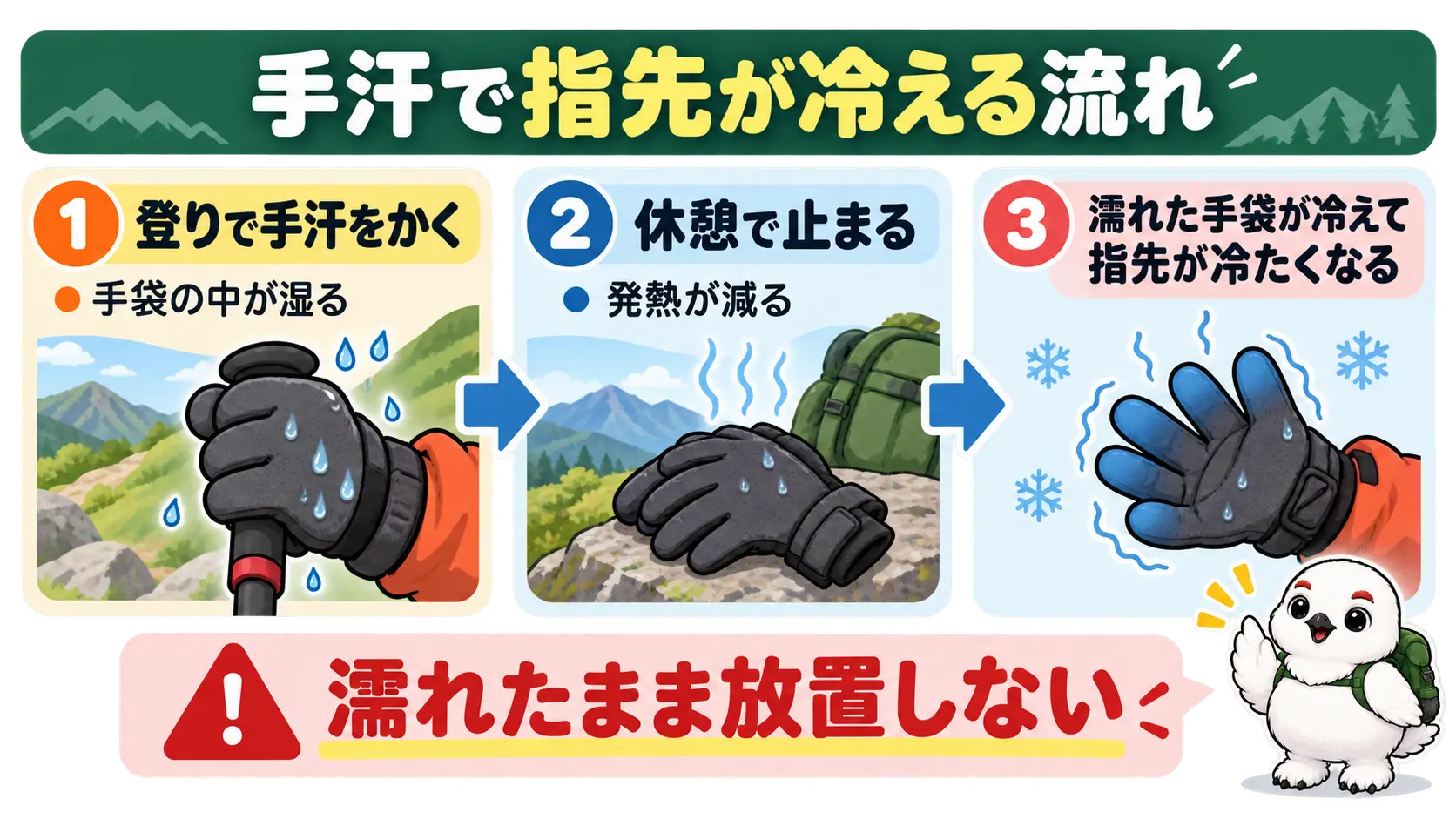 登りで手汗をかき、休憩で止まると濡れた手袋が冷えて指先が冷たくなる流れ