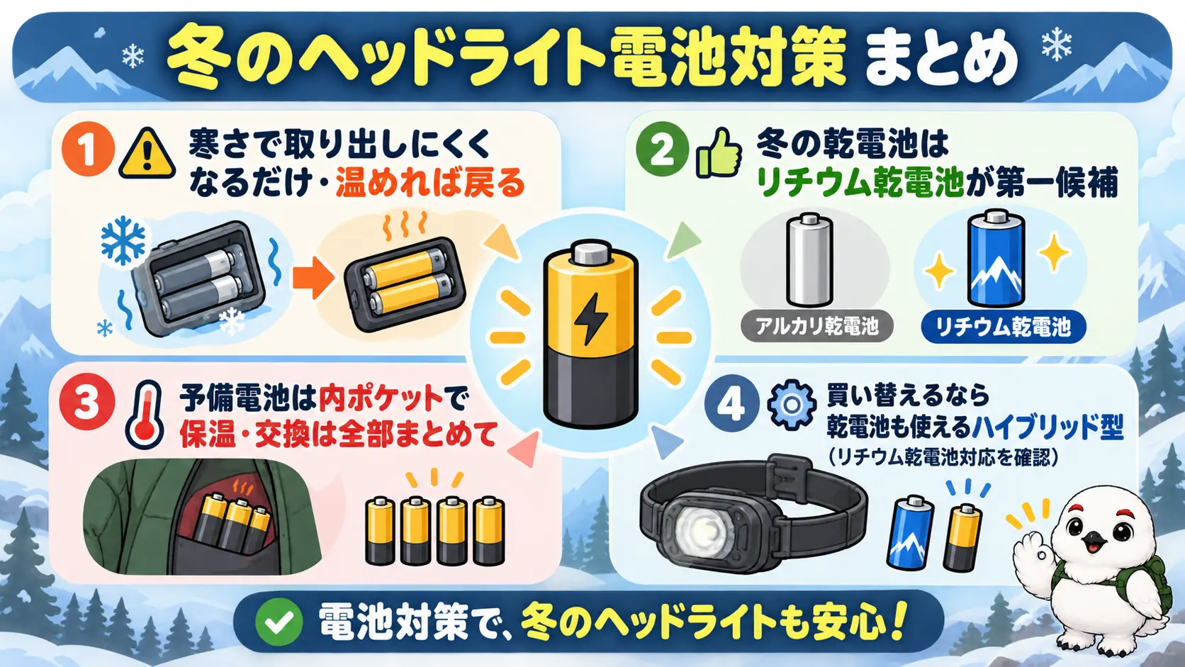 冬のヘッドライト電池対策として、電池選び、保温、ハイブリッド型の選択という要点を俯瞰した図