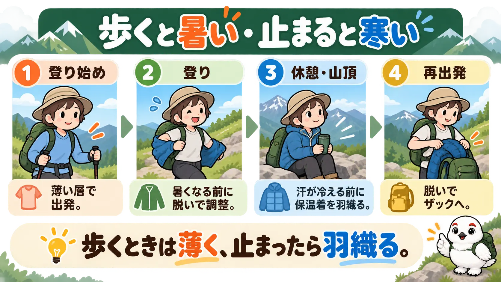 登りでは薄い層で歩き、休憩や山頂では保温着を羽織り、再出発前に脱ぐという重ね着の流れ