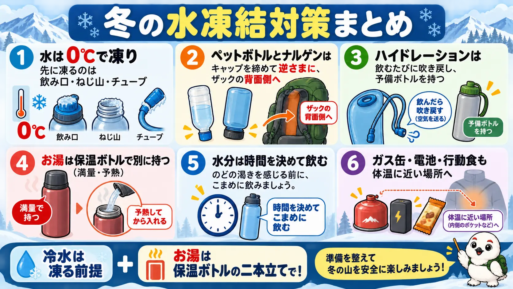 冬の登山の水凍結対策の要点を6項目にまとめた一覧