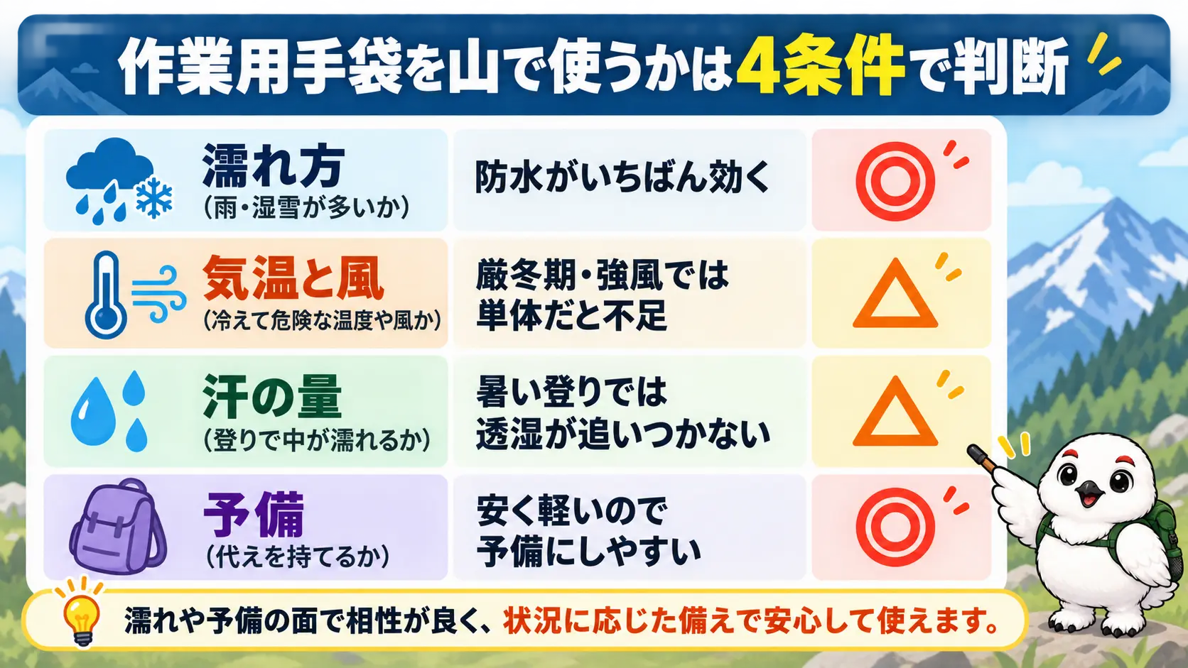 濡れ方・気温と風・汗の量・予備の4条件でテムレスとの相性を見比べる表