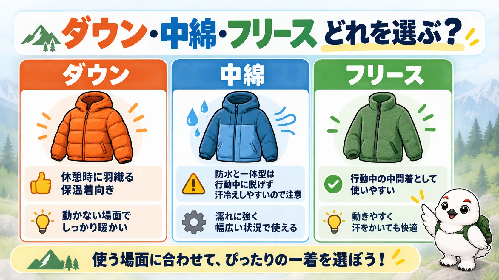 ダウン、中綿、フリースそれぞれを休憩時の保温着と行動中のどちらに向くかで整理した表