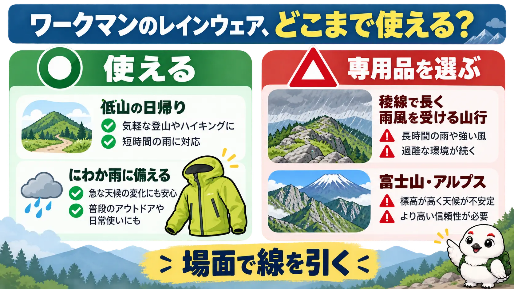 低山の日帰りとにわか雨は使える、稜線の長時間の雨風や富士山・アルプスは専用品が必要という線引きの対比