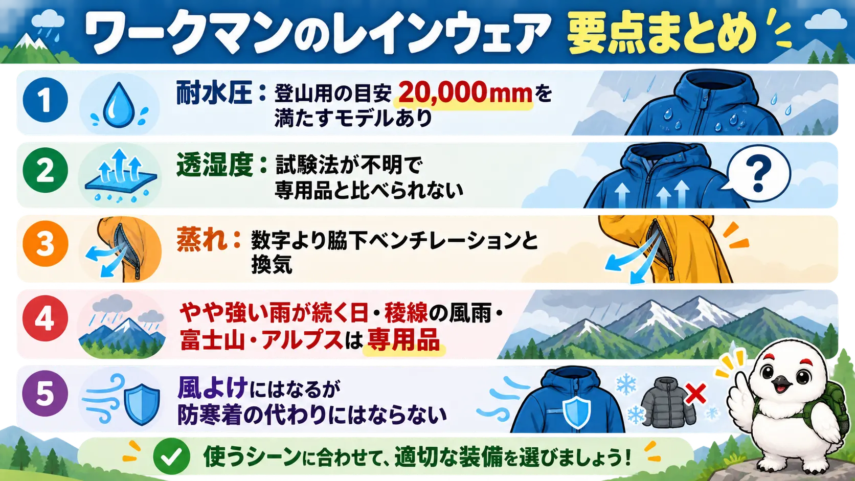 耐水圧の目安、透湿度の比べにくさ、蒸れ対策、専用品を選ぶ場面、風よけと防寒の違いを並べた記事の要点まとめ