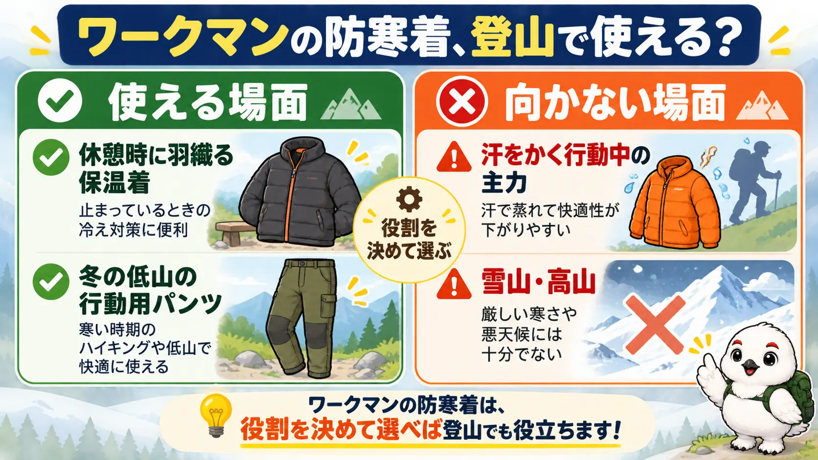 ワークマンの防寒着は休憩時に羽織る保温着や冬の低山向きで、汗をかく行動中の主力や雪山には向かないと対比した図