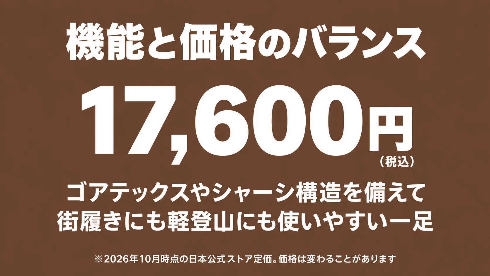 X-ADVENTURE GTXの日本公式ストア定価17,600円(税込)と、ゴアテックスやシャーシを備えつつ街と軽登山の両方で使いやすいという機能と価格のバランス